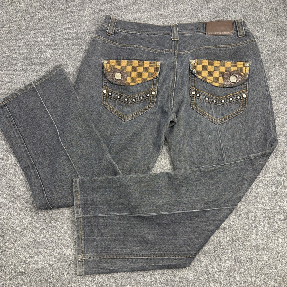 Vtg Y2K Imperious Delf Trading Men Grey Jeans 38x32 Checkerboard Flap Rhinestone